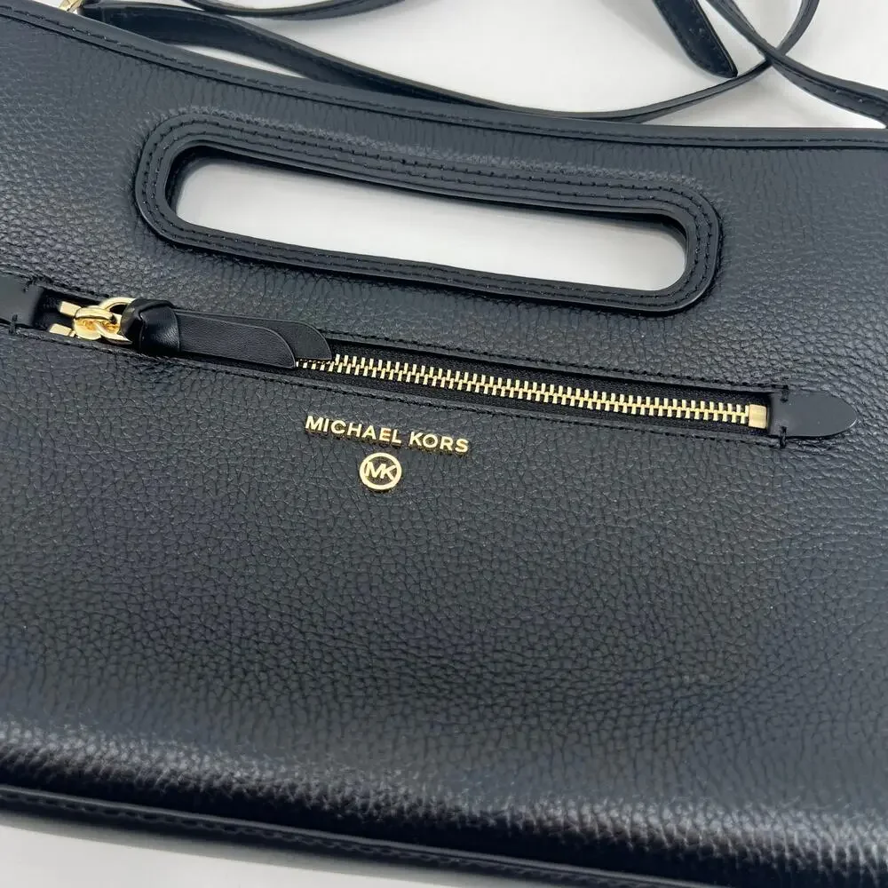 Michael Kors Jane Large Clutch Bag black pebbled leather crossbody luxe gold HW